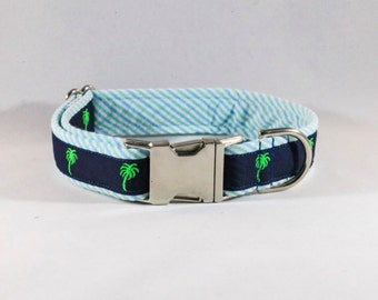 Preppy Seersucker Palmetto Palm Dog Collar