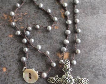 Dainty freshwater pearl antique sterling cross crochet necklace - Blessings - gray grey vintage eco chic crocheted necklace by slashKnots