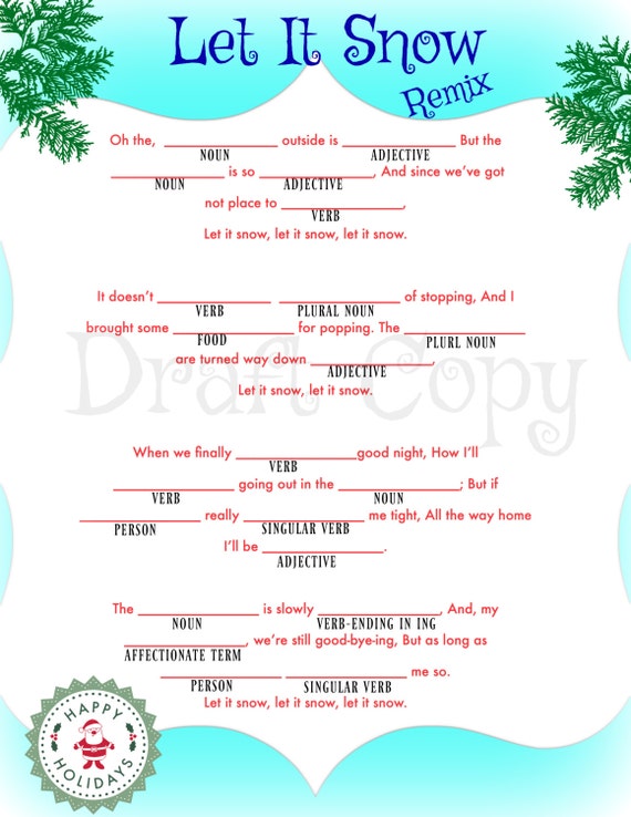 Holiday Game Mad Libs Let is Snow Instant Download