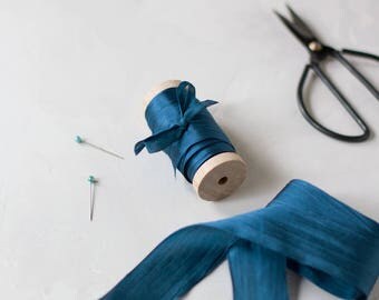 Navy Blue Hand-Dyed Silk Ribbon (with Wooden Spool) - 5 yards - 1.25" wide