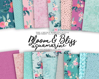 Digital Paper Set Bloom Bliss Girly Pink Aqua floral Pattern with glitter Jpg for Small CU like Planner Stickers Invitations Party Decor