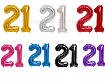 21 Birthday Number Balloons 16” or 34" Mylar / Pack of 2 Balloons / 16” Air Fill only / 34” Helium Quality / 21st Birthday