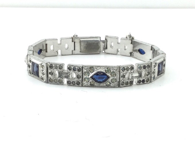 Antique Edwardian Bracelet. Art Deco Sapphire Glass and Pave Rhinestone Silver tone Bracelet. Glass Bracelet. Pave Bracelet.