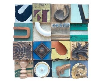 mixed media assemblage, wooden wall art, wood block collage, architectural salvage, original typography art by Elizabeth Rosen