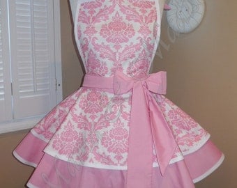 Pink Damask Print Woman's Retro Apron With Tiered Skirt And Bib...Plus Size Available