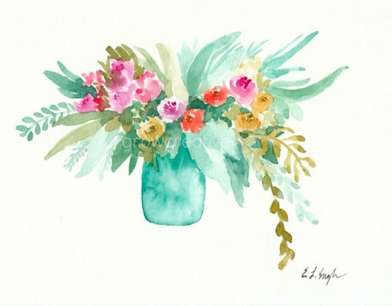 Download Spring Flowers in a Mint Vase Original Watercolor Painting