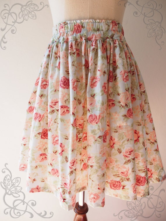Floral Skirt Vintage Inspired Shabby Chic Skirt Blue with Pink