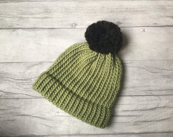 Sage green knitted hat, knitwear, skiing hat, winter hat, snowboarding hat, surfer clothing, skate beanie hat, pom pom hat, Etsy UK