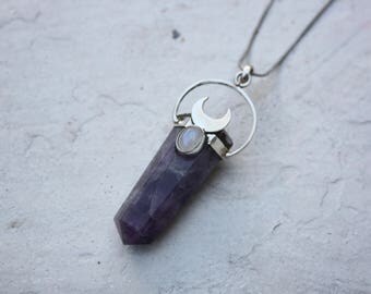 AMETHYST & MOONSTONE NECKLACE- Moon Necklace- Amethyst Necklace- Crystal Jewellery- Moon Jewellery- Sterling Silver- Handmade- Bohemian