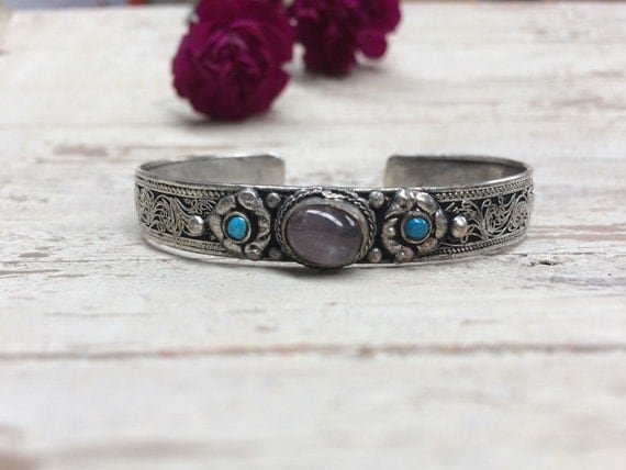 AMETHYST TIBETAN CUFF -Silver Bracelet- Healing Crystal Jewellery- Chakra- Statement bracelet- Boho- Vintage jewellery- Tibetan