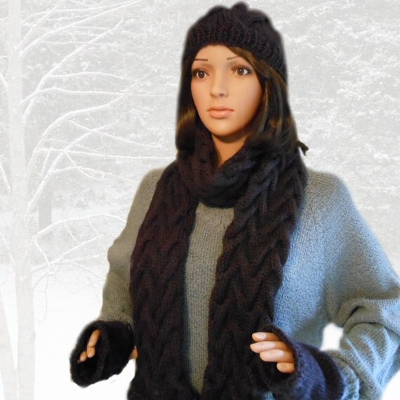 Items similar to Cable Scarf Hat and Mitts Set Alpaca Blend on Etsy