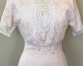 Vintage Jessica McClintock Light Pink and White Lace Dress