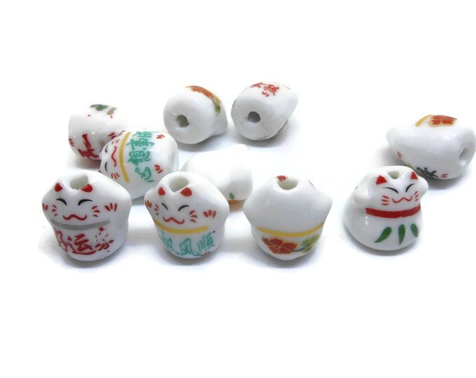 10 piece lot, Maneki Neko beads, lucky cat beads, beckoning cats, ceramic small beads, Kawaii cat beads, porcelain cat beads