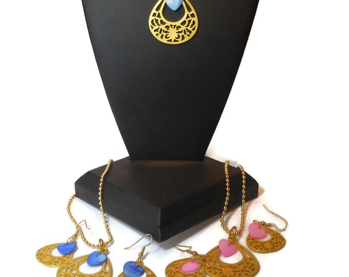 FREE SHIPPING Necklace earring set, gold open teardrop, cutout design, mother of pearl hearts, gold plated french hooks, blue or pink