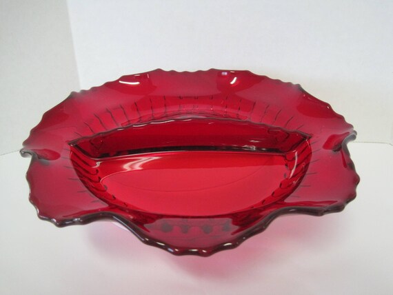 Red Ruby Glass Divided Dish - Radiance Pattern - New Martinsville Glass - Vintage Dish