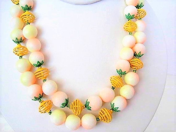 Yellow Necklace Set - 2 strand Signed Japan - Wire Retro Choker