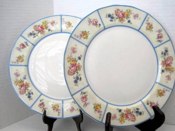 Limoges La Cloche Plate - Set of 2 - French Floral China - Blue Rim Dish