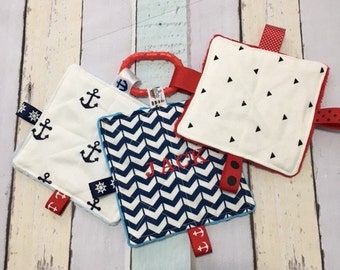 Baby Toys, Set of 3, Nautical Theme Crinkle toys, can be personalized, teething link included, 5 inch. Babies love these.