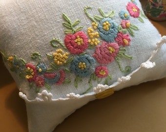 Vintage hand embroidered floral pincushion