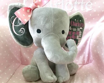 Birth announcement stuffed animal, memory bear, elephant, newborn present, newborn gift, baby shower, baby gift, baby present, stuffed eleph