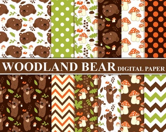 70% OFF SALE Woodland Bear Digital Paper - Digital Pattern, Bear, Chevron, Forest, Mushroom, Papers
