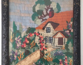 vintage medium-sized crewel house and garden with wood metal "log" frame