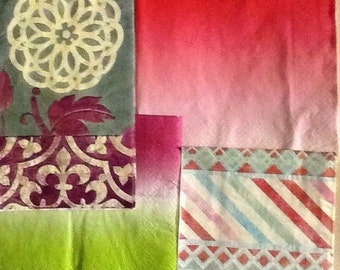 decoupage napkin, green ombre paper napkin, turquoise stripe, stencil napkin,rosette fleur de lis,tissue collage,collage napkin