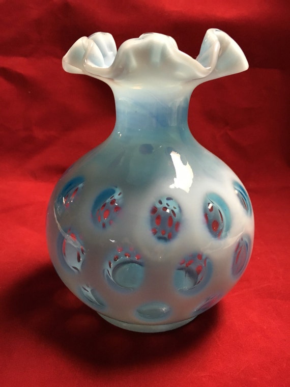 Fenton Glass Vase Blue Double Crimped Coin Dot By Vintagebyviola 6446