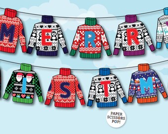 Ugly Christmas Sweater Party Bunting Banner Printable Merry Christmas Ugly Sweater Geeky Novelty Party Decoration Office Christmas Party