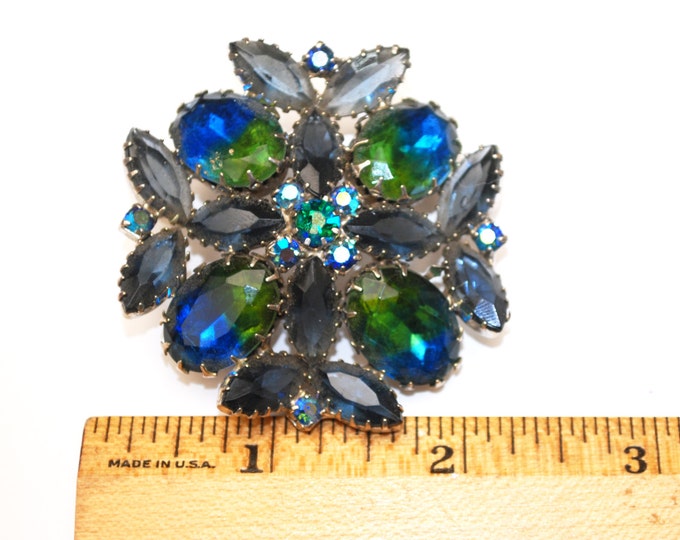 Rhinestone Brooch - Blue Green Givre - open back Navette stones - flower brooch - Juliana style pin
