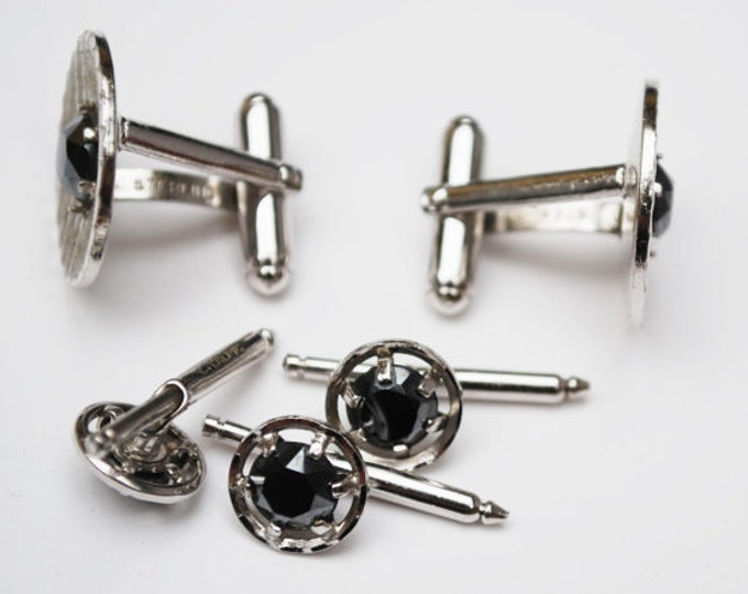 Sterling Hematite Cuff links - three Tuxedo Button Slide - Silver black - wedding groom