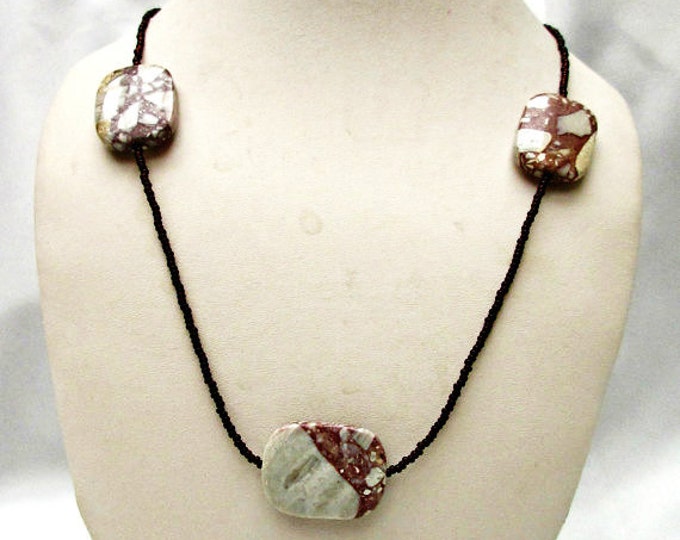 Jasper Breccia bead necklace - Red white Gemstone - Black seed beads handmade