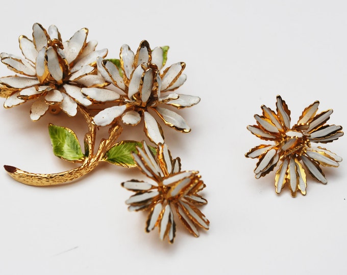 Enamel Flower Brooch Earrings - Signed Coro - white enameling gold metal - Mid Century floral pin and earrings