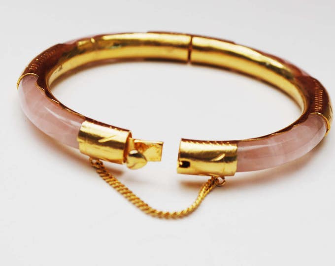Rose Quartz Bangle -Pink Gemstone - Hinged Bracelet - Gold plated - Safety chain