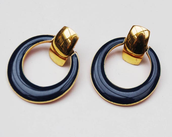 Reversible Hoop earrings - Red Blue Enamel -Gold Metal - pierced Earrings Two earrings in one