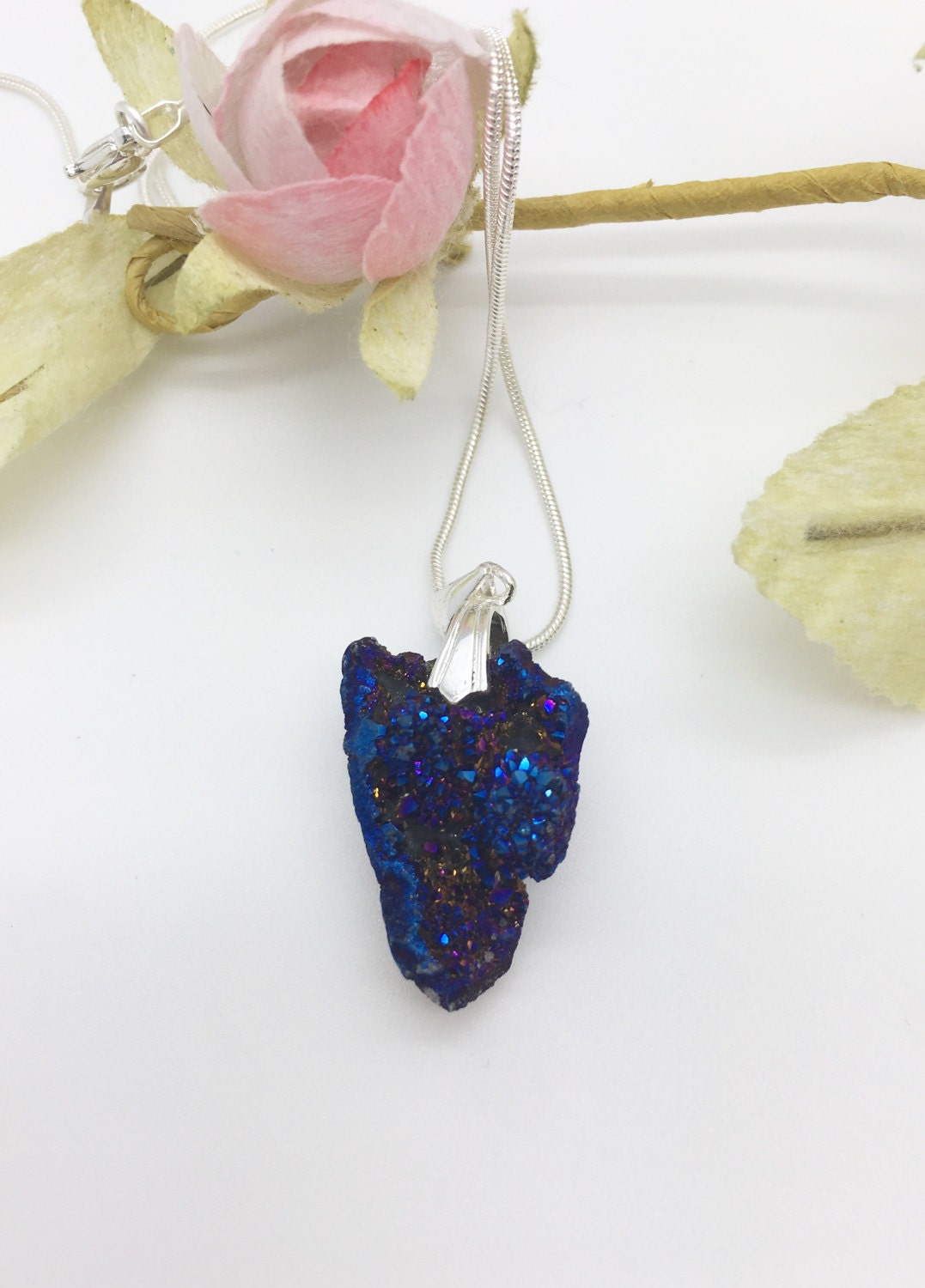 Natural agate druzy stone pendant bright blue peacock druzy