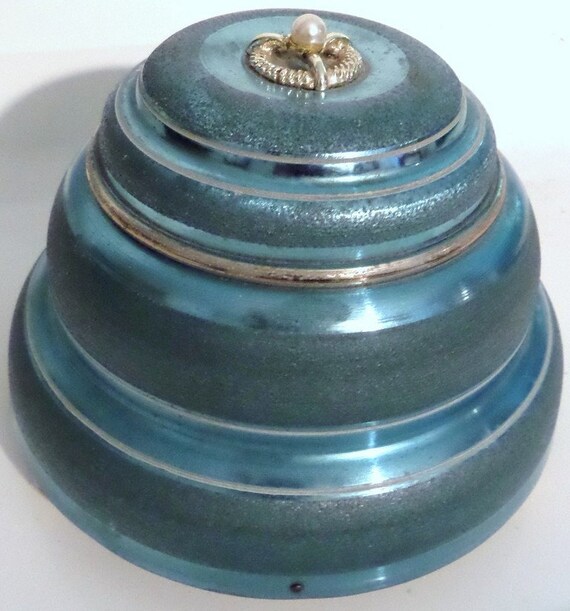 Blue Metal Wind Up Music Box Powder Box Trinket Box Vintage