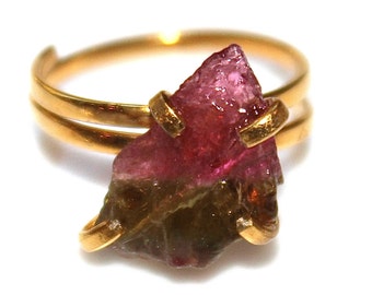 Rustic Watermelon Tourmaline Ring Matte Ring Gold Vermeil Ring Adjustable Ring Watermelon Tourmaline Slice Tourmaline Jewelry Delicate Ring