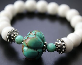 Carved turquoise melon bead and white shell bracelet genuine turquoise bracelet beach boho summer resort vacation bracelet stretch bracelet