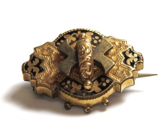 Victorian Brooch - Taille D’Epergne Enameled - Engraved Pin with Black Enamel # 2212