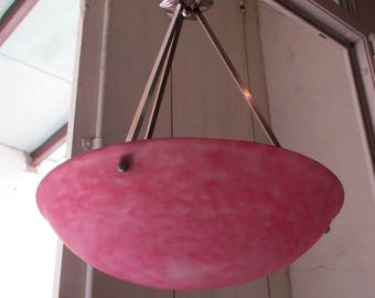 Original 1930s Vintage French Art Deco Light Fixture-Pate de Verre-Pink and Purple-Original Art Deco Chrome Hanger-Produces lovely warm glow