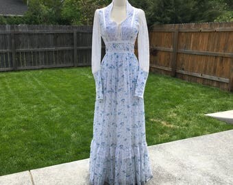 1970's Gunne Sax Blue Rose & Lace Maxi Prairie Dress
