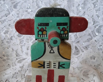 Mid-Century Hehey'a Kachina Cradle Doll, Heheya, Flat Body, 3-dimensional Face, Mounted, Estate of Bert Van Bork