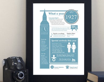 1927 Personalised Birthday Gift / 90th birthday / 1927 birthday gift / personalised birthday print / ninety birthday