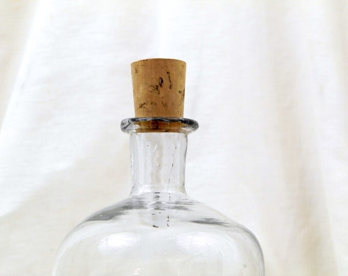 Antique French Blown Clear Glass Apothecary / Chemical Bottle With Cork, Chemist, Country Decor, Kitchen, Vase, Chemisty, Perfume, Retro