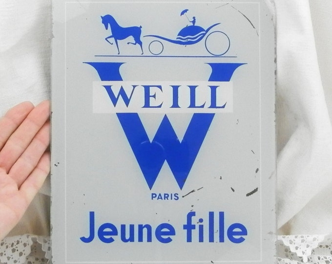 Vintage French Publicity / Advertising / Commercial Weill "Jeune Fille Paris" Glass Sign, Mid Century, Ephemera, Retro, Home, Clothes