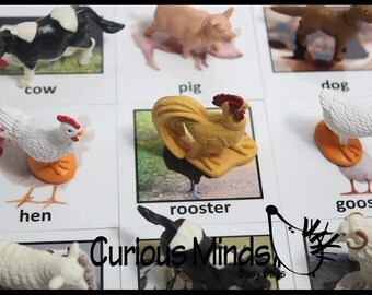 Montessori Farm Animal Match - Miniature Animals with Matching Cards - 2 Part Cards. Montessori learning toy, language materials