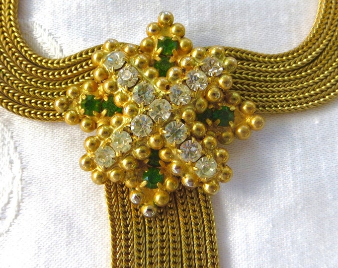Hobe Mesh Bib Necklace, Rhinestone Maltese Cross, Drippy Tassels, Vintage Designer Signed Jewelry