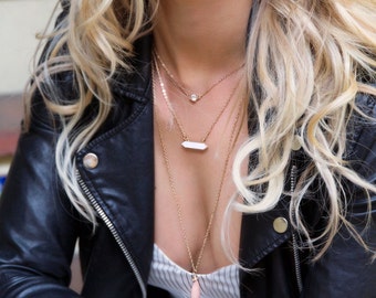 Pink Moonstone Necklace, Gold Necklace Set, Horizontal Bar Necklace Gold, Multi-Layer Necklace, Moonstone Pendant, Pink Moonstone LN118