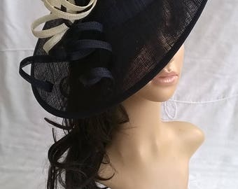 Navy Blue with ivory Feather Fascinator..Stunning Sinamay Fascinator on a Headband..